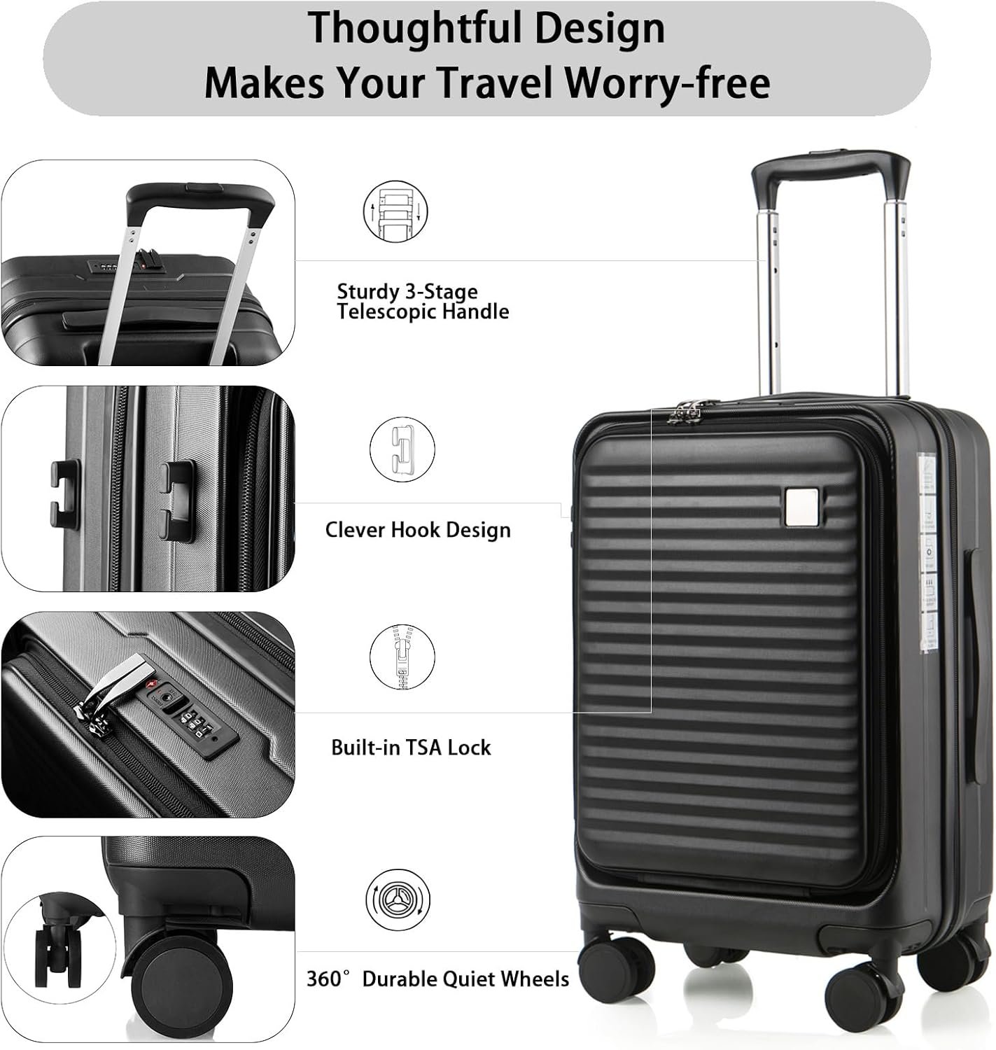 Expandable Carry On Luggage Durable Hardside Lightweight Rolling Suitcases with Spinner Wheels TSA Lock, (Black, 20-Inch) - Image 6