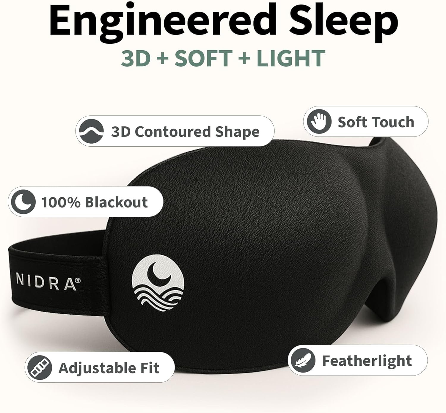 Nidra Contoured Sleep Mask for Side Sleepers – Zero Pressure Fit, 100% Light Blocking Eye Shade for Sleeping & Travel – Black, Standard Size - Image 4