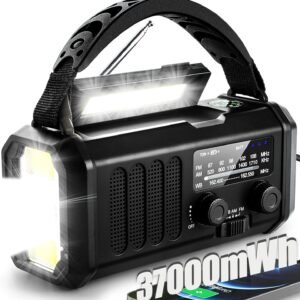 Hand Crank Emergency Radio,37000mWh Solar Powered Portable NOAA AM FM Weather Radio with 3Mode Flashlight and Reading Light,Cell Phone Charger,Home and Emergency Distress Signal (Black)