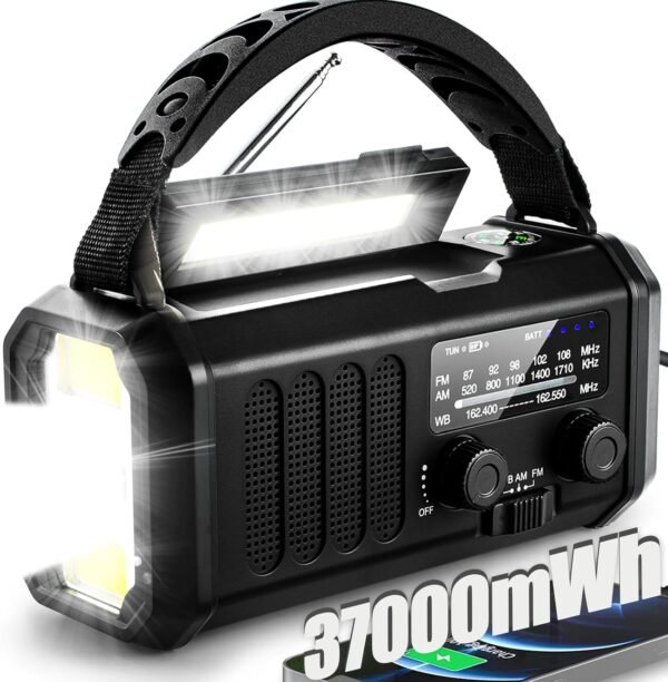 Hand Crank Emergency Radio,37000mWh Solar Powered Portable NOAA AM FM Weather Radio with 3Mode Flashlight and Reading Light,Cell Phone Charger,Home and Emergency Distress Signal (Black)
