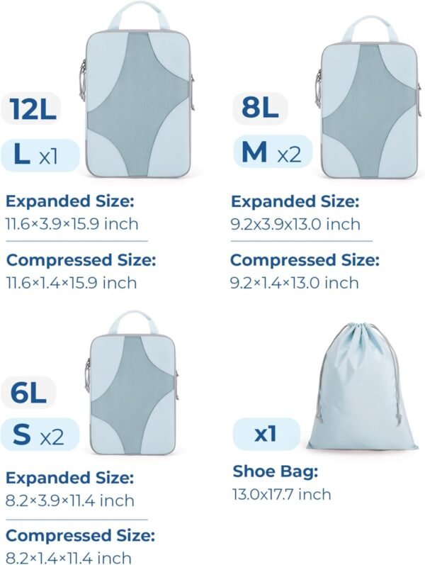 BAGSMART Compression Packing Cubes for Travel, Compressible Luggage Organizer for Cruise Ship, Lightweight Travel Essentials 6-Pack 1L+2M+2S+1Shoe Bag - Image 2