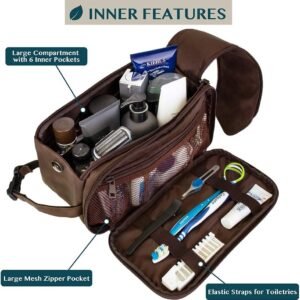 PAVILIA Toiletry Bag for Men, Travel Essentials Shaving Dopp Kit, Mens Travel Bag Toiletries Organizer Case for Grooming, PU Leather Water Resistant Cosmetic Bag Pouch (Dark Brown)