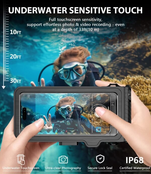 Waterproof Phone Case for Snorkeling - Underwater Touchscreen Housing, Universal Underwater Photo&Video Diving Case for iPhone 16/15/14 Pro Max Samsung Galaxy S25/S24 Ultra Up to 6.9'' Black - Image 2