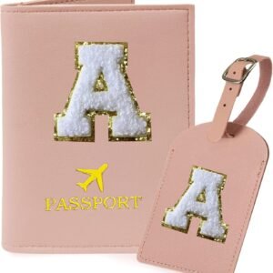 COSHAYSOO Pink Passport Cover Book Holder Travel Luggage Tag Set for Women Teen Girls with Initial Monogram Letter, Cute Airplane Essentials Personalized Cruise Accessories Trip Favor Gifts A