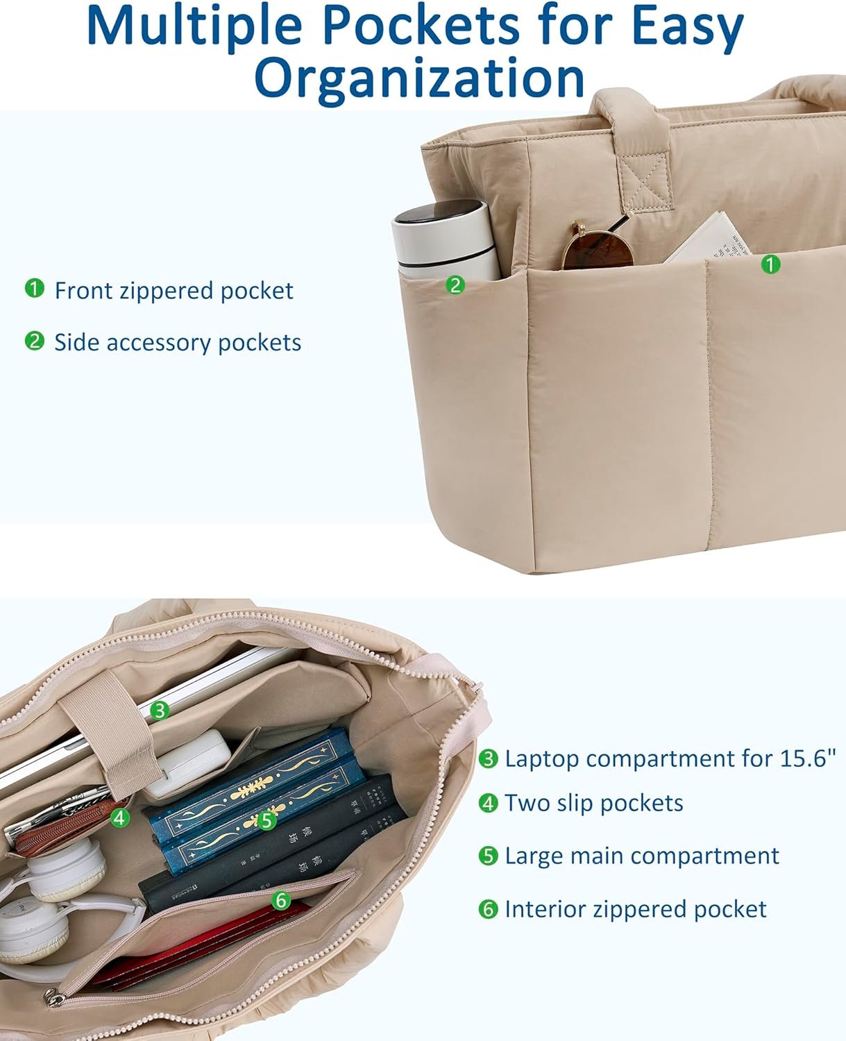 Puffer Tote Bag, Work Bags for Women with Laptop Compartment, Travel Tote with Luggage Sleeve, Quilted Bag for School - Image 3