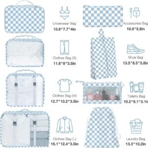 8 Set Packing Cubes for Suitcases,Packing Cubes with Shoe Bag, Cosmetics Bag, Clothing Bag, Accessories Bags Packing Cubes for Travel Luggage Organizer Women Men(Blue Checkered)
