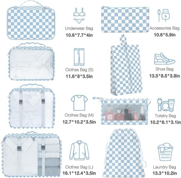 8 Set Packing Cubes for Suitcases,Packing Cubes with Shoe Bag, Cosmetics Bag, Clothing Bag, Accessories Bags Packing Cubes for Travel Luggage Organizer Women Men(Blue Checkered) - Image 2