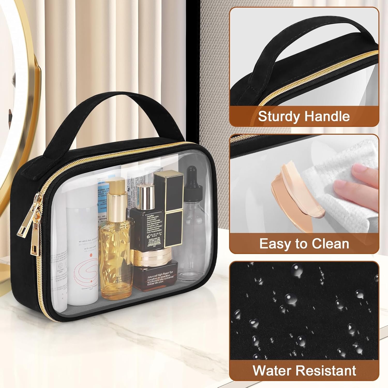 Wedama TSA Approved Toiletry Bag, 3 Pack Clear Makeup Bags with Handles, Quart Size Clear Toiletry Bags, PVC Cosmetic Bags for Women and Men, Carry on Airport Airline Compliant Bag, Black - Image 5