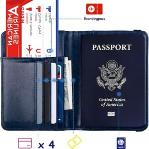 TOURSUIT RFID Blocking Passport Holder for Women Men, Leather Passport Travel Wallet with Metal 3D Metal Badge, Travel Document Holder Cover Accessories (Dark Blue)