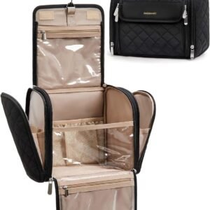 BAGSMART Makeup Bag for Women with Hanging Hook – Portable Cosmetic Case, Large Capacity Door Room Essentials Travel Organizer for Full Sized Cosmetics and Toiletries, Black