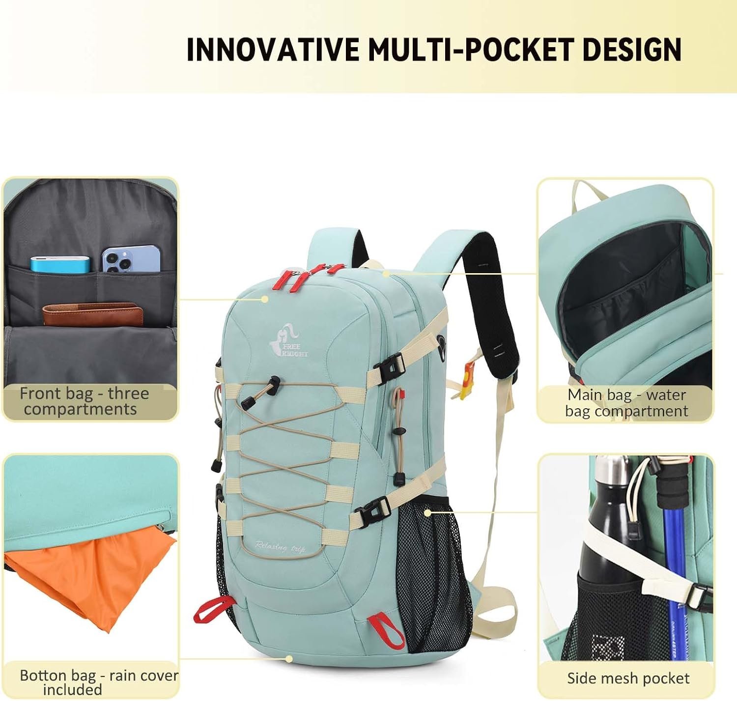 Bseash 40L Waterproof Hiking Backpack with Rain Cover, Outdoor Sport Travel Bag Daypack for Camping Climbing Skiing Cycling (Milk Green) - Image 3