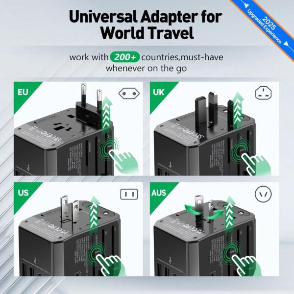 Universal Travel Adapter International Plug - European Travel Plug Adapter Worldwide US AUS EU UK Spain Germany Ireland Italy - All-in-one Travel Outlet Power Adapter with 3 USB C 2 USB A - Image 2