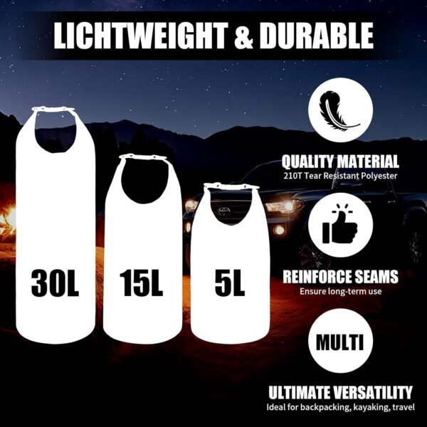 3-Pack Waterproof Dry Bag - 5L/15L/ 30L Ultralight Dry Sack Lightweight Roll Top Outdoor Accessories, Portable Clothes Wash Bag, Keep Gear Dry for Boating Swimming Camping Kayaking Beach - Image 4