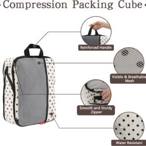 U+U 4 Set Compression Packing Cubes – Ultralight Travel Organizers with Laundry Bag, Space-Saving Suitcase Organizer, Expandable Packing Cubes for Travel, Business Trip and Family Vacation (Polka Dot)