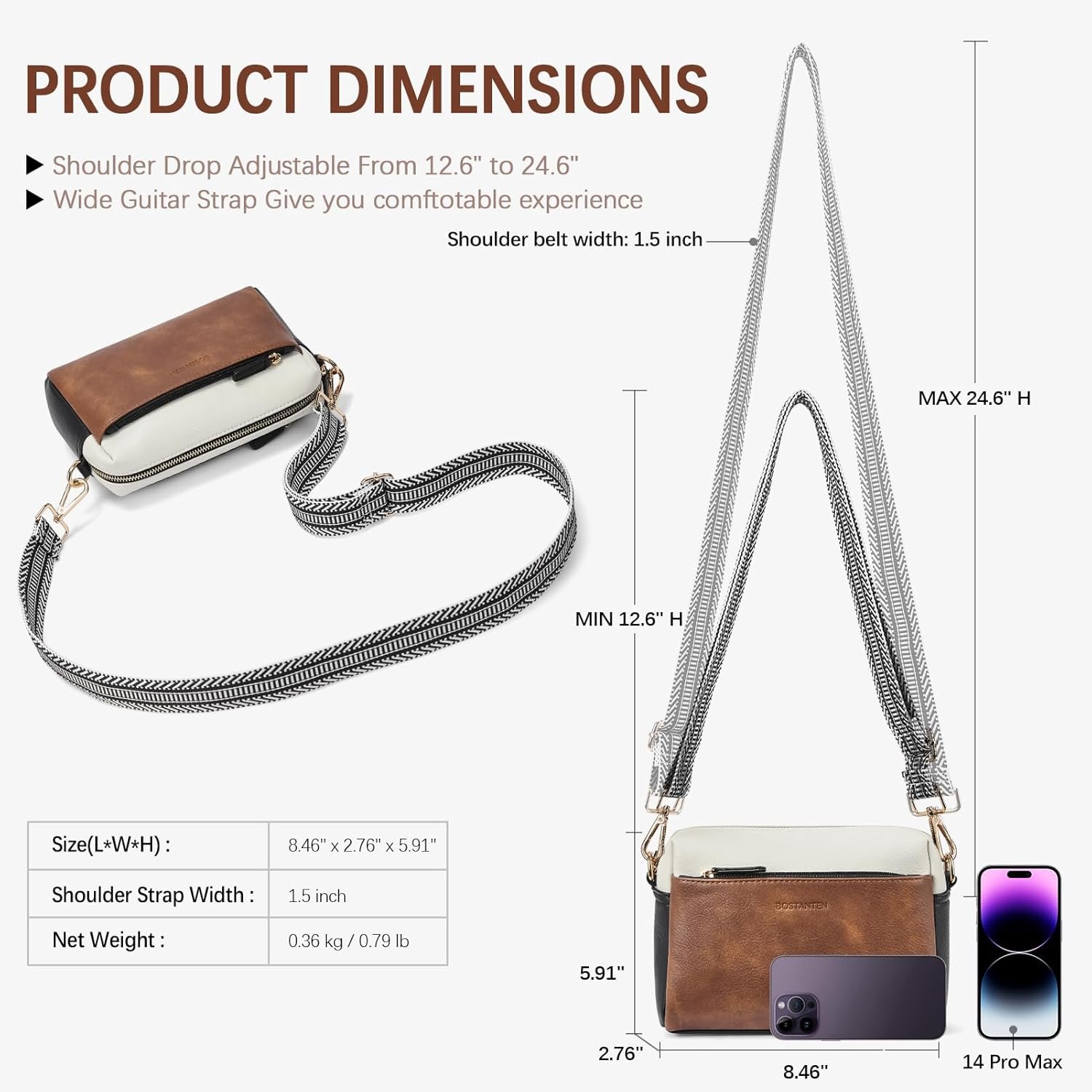 BOSTANTEN Small Crossbody Purse for Women Triple Zip Cell Phone Leather Handbag with Colored Shoulder Strap - Image 3