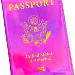 Chrome Holographic Iridescent USA Passport Holder Cover Wallet – Unisex Adults – Faux Leather – RFID Protected – Pink & Gold