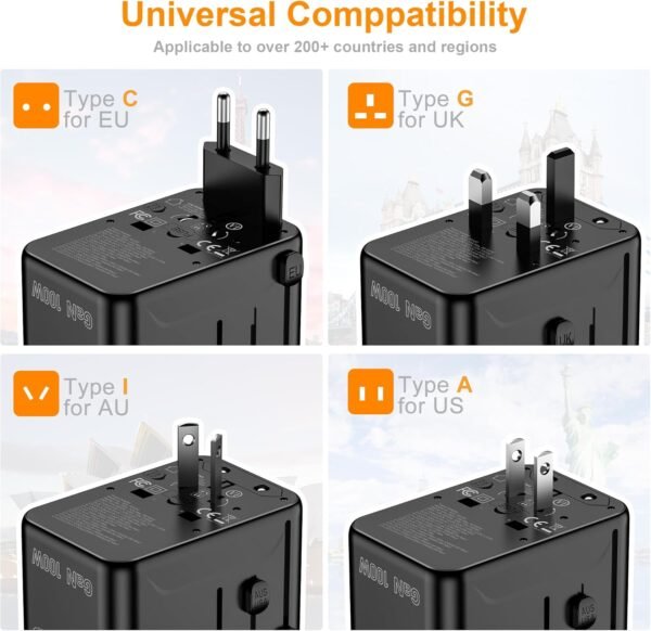 Universal Travel Adapter, PD100W GaN International Power Adapter with 3 USB C and 1 USB A Charging Ports, All in One Power Outlet, Worldwide Plug Adapter for US to European Europe UK AUS Ireland - Image 3