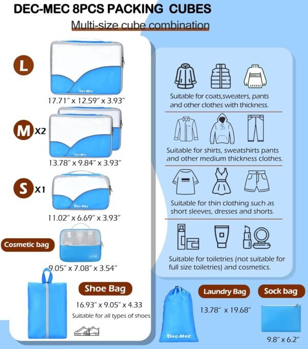8 Set Packing Cubes for Travel (L,M,S,XS)-Suitcases Organizer Set for Travel Accessories Travel Essentials, Luggage Packing Bags for Carry on Suitcase (8set, Blue） - Image 2