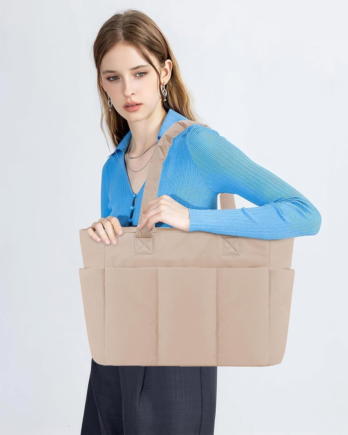 Puffer Tote Bag, Work Bags for Women with Laptop Compartment, Travel Tote with Luggage Sleeve, Quilted Bag for School - Image 2