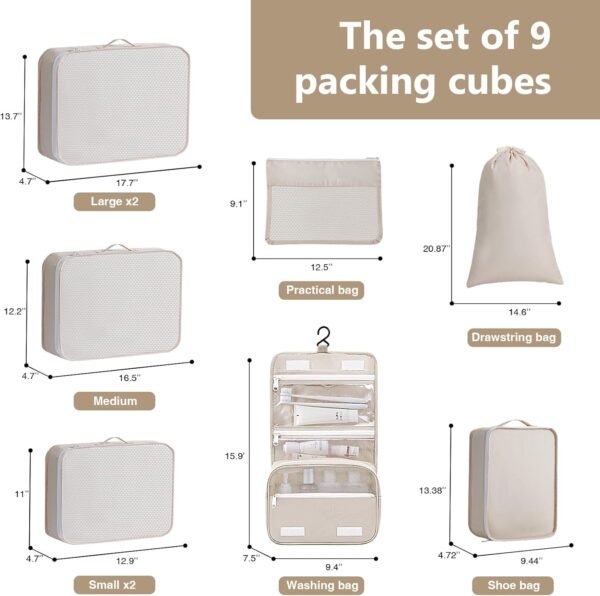 Packing Cubes for Travel - 9 Set Large Travel Cubes Luggage Organizer Bags Set With Laundry Bags/Shoe Bag/Toiletry Bag (Beige) - Image 3