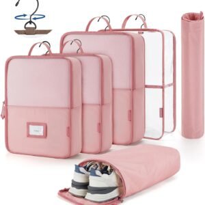 BAGSMART Hanging Packing Cubes for Travel, 6 Set Clear Waterproof Packing Cubes for Suitcases, Storage Organizer for Hanging Closet with Zipper, Handles and Hook Baby Pink
