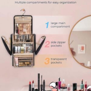 BAGSMART Makeup Bag for Women with Hanging Hook – Portable Cosmetic Case, Large Capacity Door Room Essentials Travel Organizer for Full Sized Cosmetics and Toiletries, Black