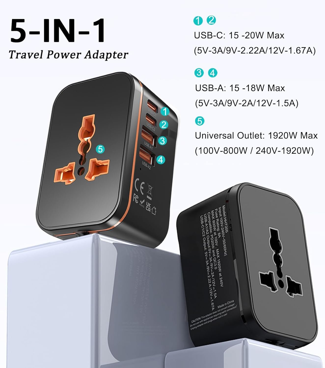 Universal Travel Adapter Worldwide, European Travel Plug Adapter with 2 USB C, 2 USB A and Multi AC Outlets, International Power Adaptor for EU US UK AUS 200+ Countries, Travel Essentials - Image 2