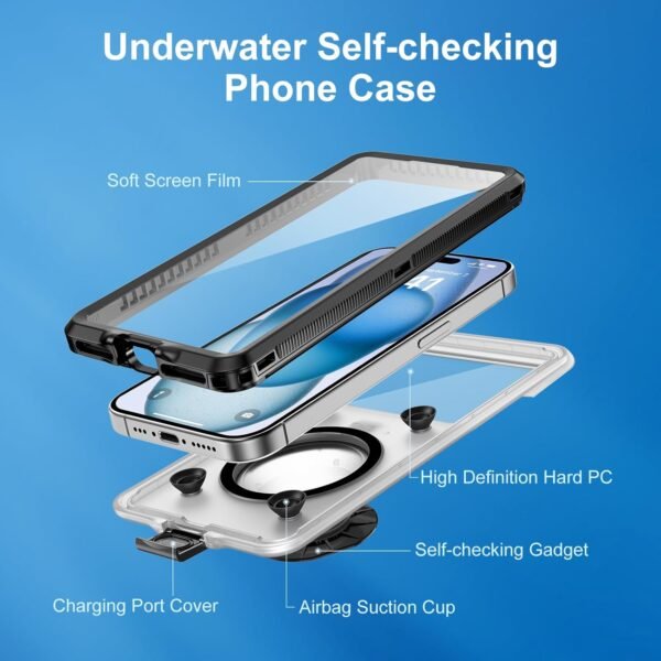 Beasyjoy Waterproof Phone Case, Underwater Snorkeling Diving Phone Case, Universal Self-Check Water Proof Case Up to 6.9 Inch for iPhone 16/15/14/13/12/11 and Samsung S24/S23/S22/Google Series - Black - Image 8