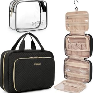 BAGSMART Toiletry Bag Hanging Travel Makeup Organizer with TSA Approved Transparent Cosmetic Bag Makeup Bag for Full Sized Toiletries, Medium-Black