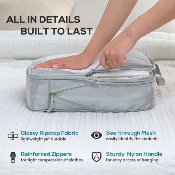 Compression Packing Cubes, 5 Set Packing Cubes for Travel Compression, Lightweight Compressible Package Organizer for Carry On and Suitcases, Light Grey - Image 3