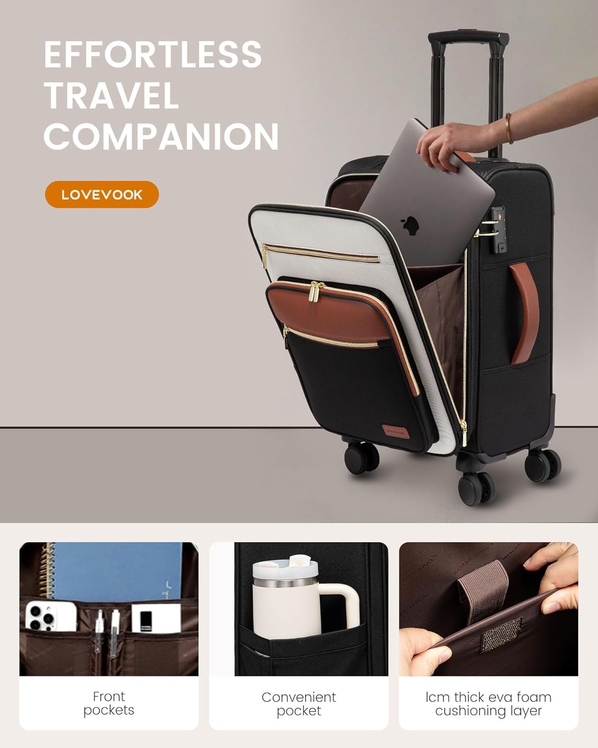 LOVEVOOK Carry on Suitcase 22x14x9 Airline Approved,20 inch Lightweight Waterproof Suitcases with 360° silent swivel wheels, TSA Lock and Compartment, Large Capacity travel Suitcase Black-White-brown - Image 4