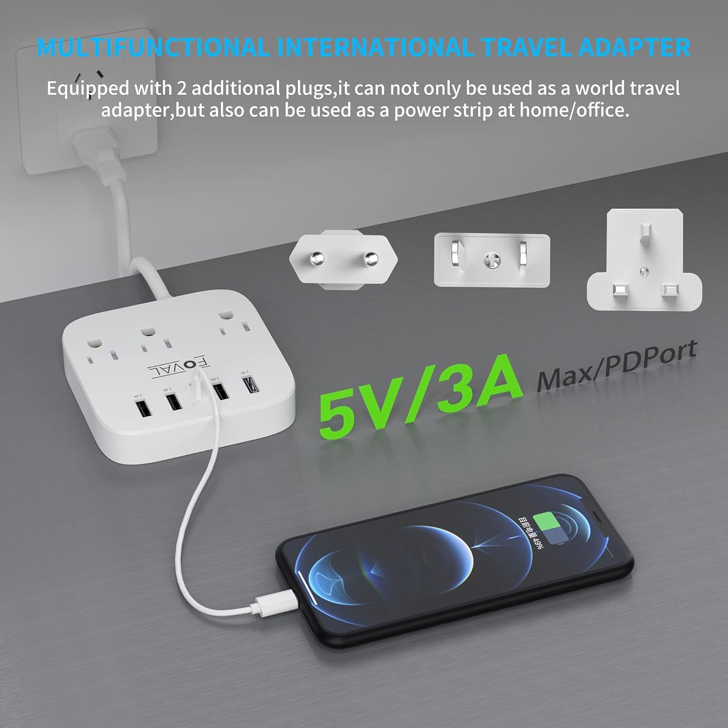 European Travel Plug Adapter, FOVAL EU UK US Power Strip with USB C and 4 USB Ports, 3 AC Outlets, Wall Mountable, 5ft Extension Cord, Compact for Travel, Cruise Ship, Home Office (White) - Image 5