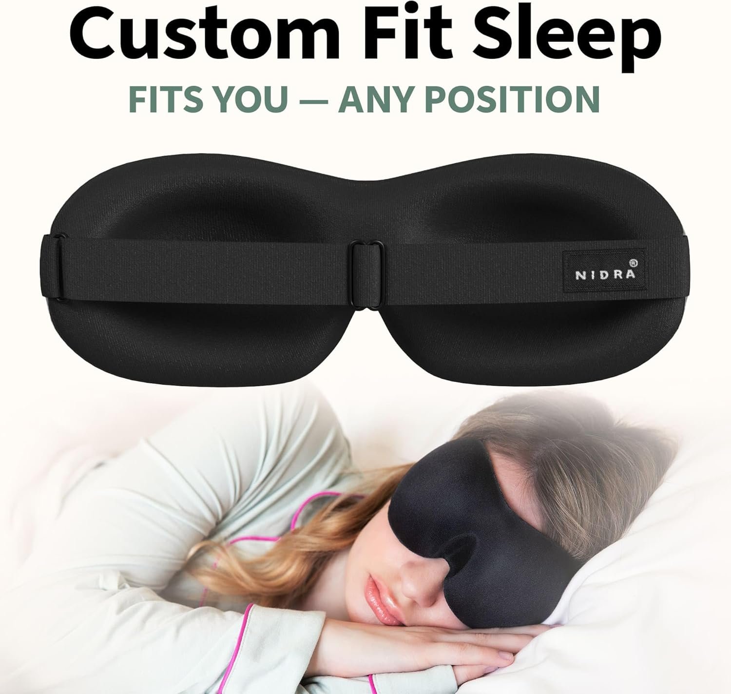 Nidra Contoured Sleep Mask for Side Sleepers – Zero Pressure Fit, 100% Light Blocking Eye Shade for Sleeping & Travel – Black, Standard Size - Image 2