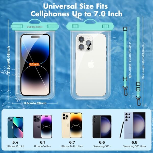 UNBREAKcable Waterproof Phone Pouch-2 Pack IPX8 Waterproof Phone Case for iPhone 16 15 14 13 12 11 Pro Max & Samsung S25 S24-Dry Bag & Travel Essentials for Beach, Pool, Kayak & Cruise-7" Blue+Green - Image 2