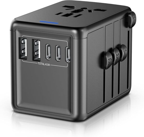 Universal Travel Adapter, 5-Port 6.0A 30W International Power Adapter with 3 USB-C, 2 USB-A Ports & 1 AC Outlet, Global Travel Essentials, European Travel Plug Adapter for Over 200+ Countries