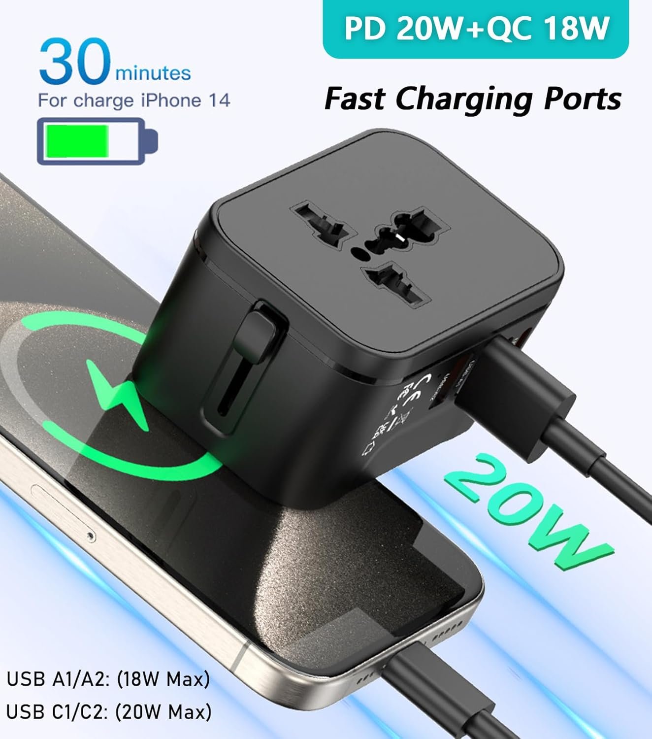 Universal Travel Adapter Worldwide, European Travel Plug Adapter with 2 USB C, 2 USB A and Multi AC Outlets, International Power Adaptor for EU US UK AUS 200+ Countries, Travel Essentials - Image 5