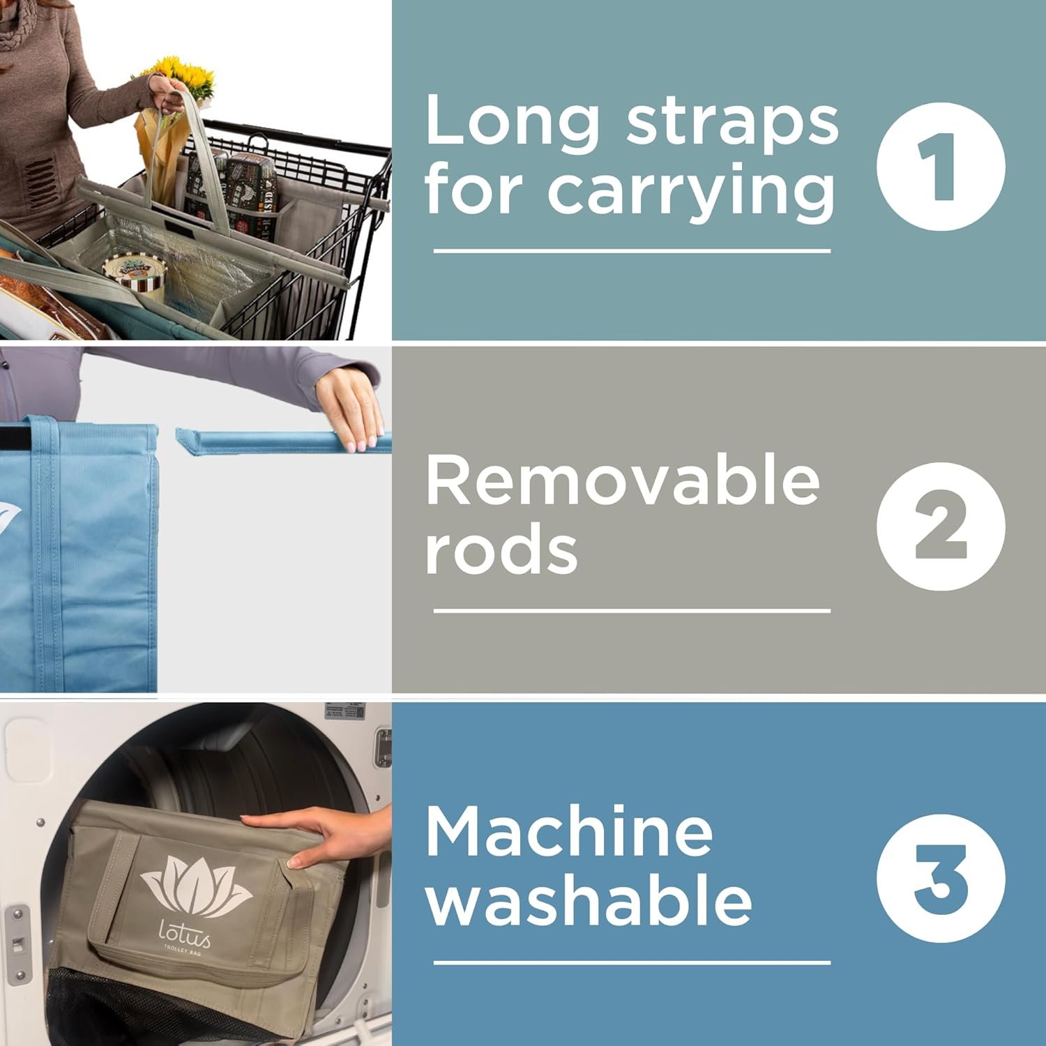 Lotus Trolley Bags for Shopping Carts - Reusable Shopping Bags, Grocery Bags with Insulated Cooler & Egg/Wine Holder, Foldable, Washable Grocery Cart Bags, Multi-Use Tote Bags (Set of 4 - Earth Tones) - Image 4