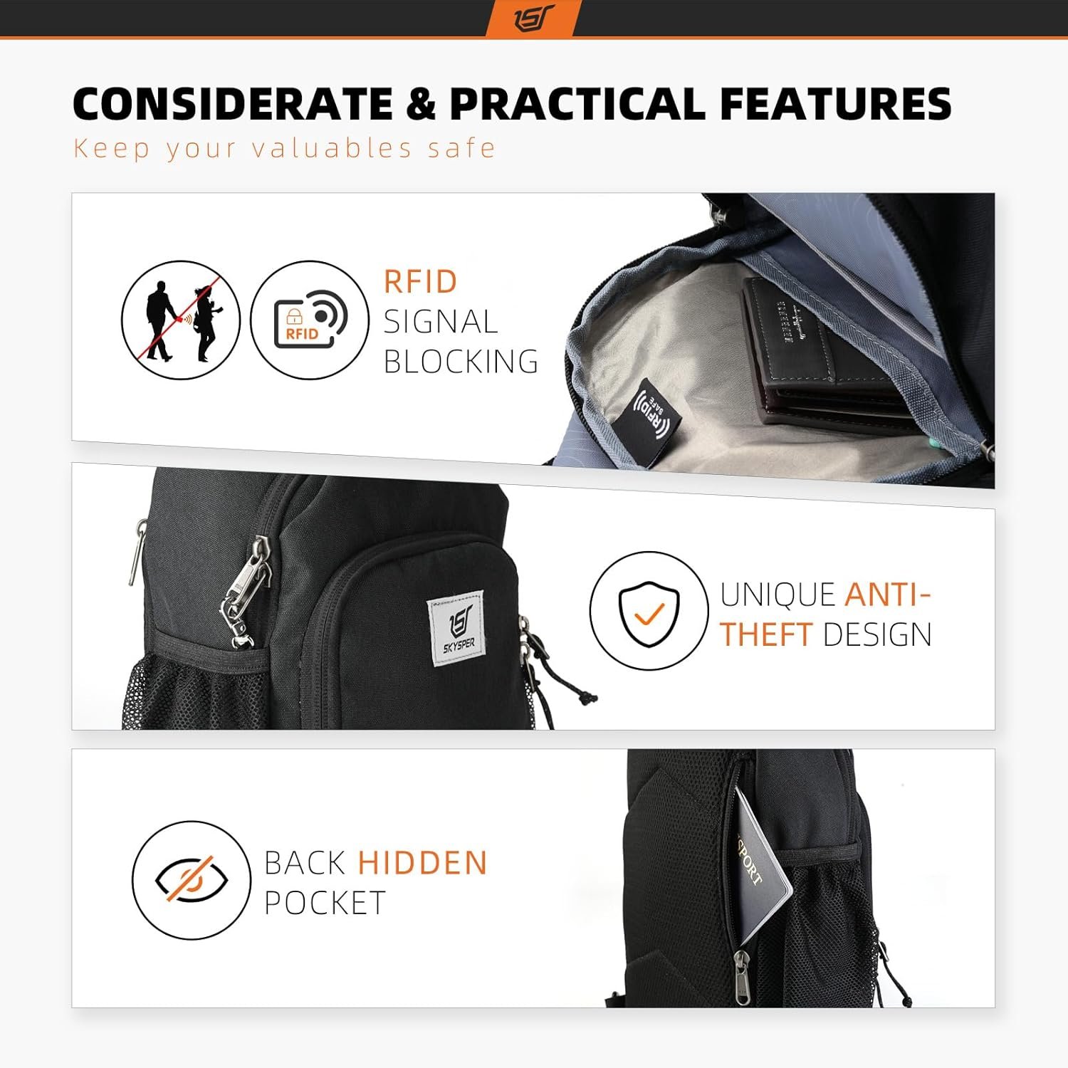 SKYSPER Sling Bag RFID Crossbody Sling Backpack Cross Body Shoulder Bag Travel Hiking Daypack for Women Men - Image 3