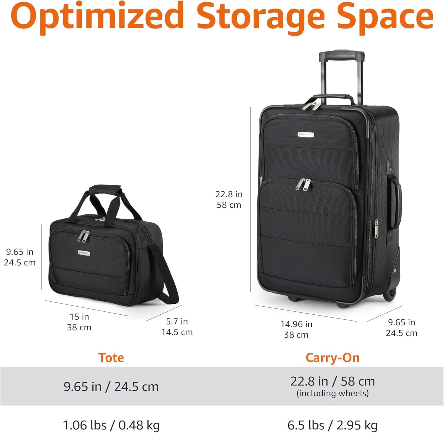 Amazon Basics Luggage Sets, Carry-On 23-Inch, tote 15-Inch, Suitcase With Wheels, Expandable Extra Space (+15%), Front Pockets and Telescopic Handle, Black - Image 4