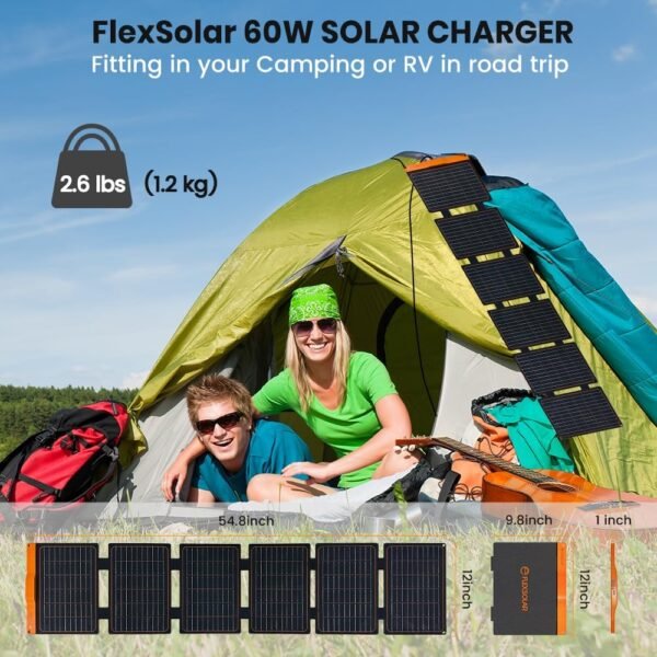 FlexSolar 60W Portable Solar Panels Chargers with PD3.0 USB-C,QC3.0 USB-A and DC Outputs Foldable IP67 Waterproof Power Emergency Camping for Small Power Station Generator,Phones, Power Banks, Tablets - Image 3
