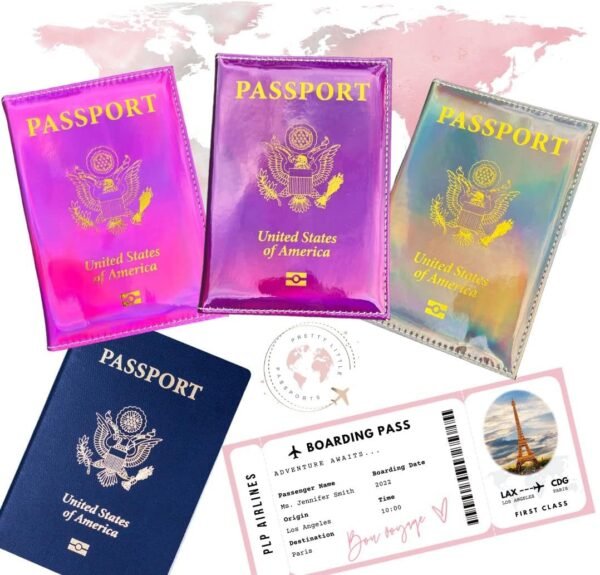 Chrome Holographic Iridescent USA Passport Holder Cover Wallet - Unisex Adults - Faux Leather - RFID Protected - Pink & Gold - Image 3