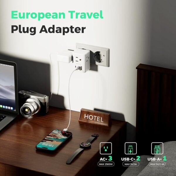 2 Pack European Travel Plug Adapter, Mifaso International Power Plug Adapter with 3 Outlets 3 USB Charging Ports(2 USB C), Type C Plug Adapter Europe Travel Essentials to Spain Italy France - Image 2