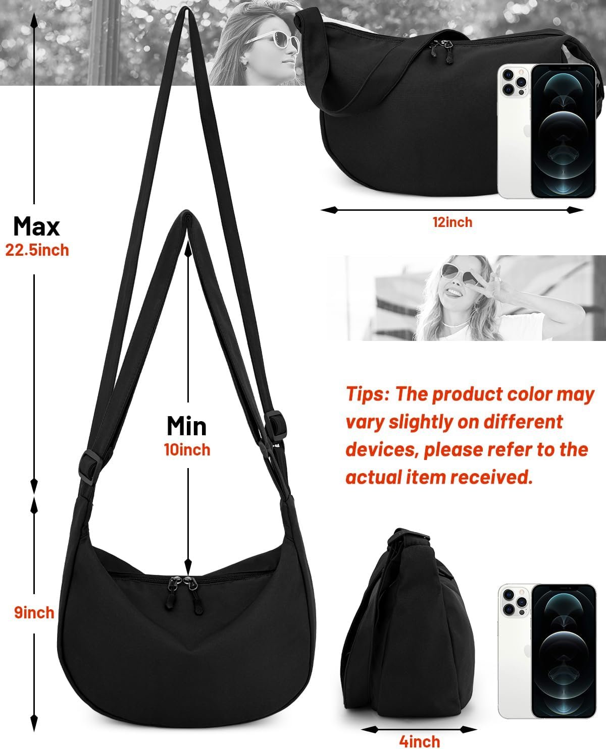 Crossbody Sling Bag for Women Men Trendy, Crescent Bag with Adjustable Strap, 2 Zippers Lightweight Nylon - Image 2