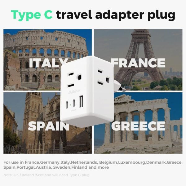 2 Pack European Travel Plug Adapter, Mifaso International Power Plug Adapter with 3 Outlets 3 USB Charging Ports(2 USB C), Type C Plug Adapter Europe Travel Essentials to Spain Italy France - Image 3