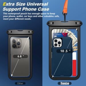 Temdan 2 Pcs Waterproof Phone Pouch, [Up to 10″ Large] Universal IPX8 Waterproof Cell Phone Case Dry Bag with Lanyard for iPhone 16 Pro Max/16E/15/14/13,Galaxy S25 Ultra/S24/S23 for Vacation -Black