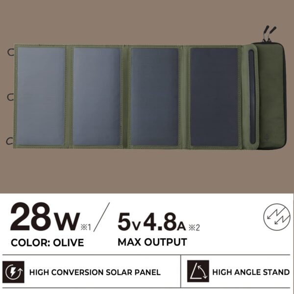 ELECOM NESTOUT Portable Solar Panel, Dual USB-A Ports, 28W Power Generation Charger for Phone Camping, Durable Water-Resistant Ripstop Nylon, Foldable Lightweight, Adjustable Stands (4-Panel) - Image 3