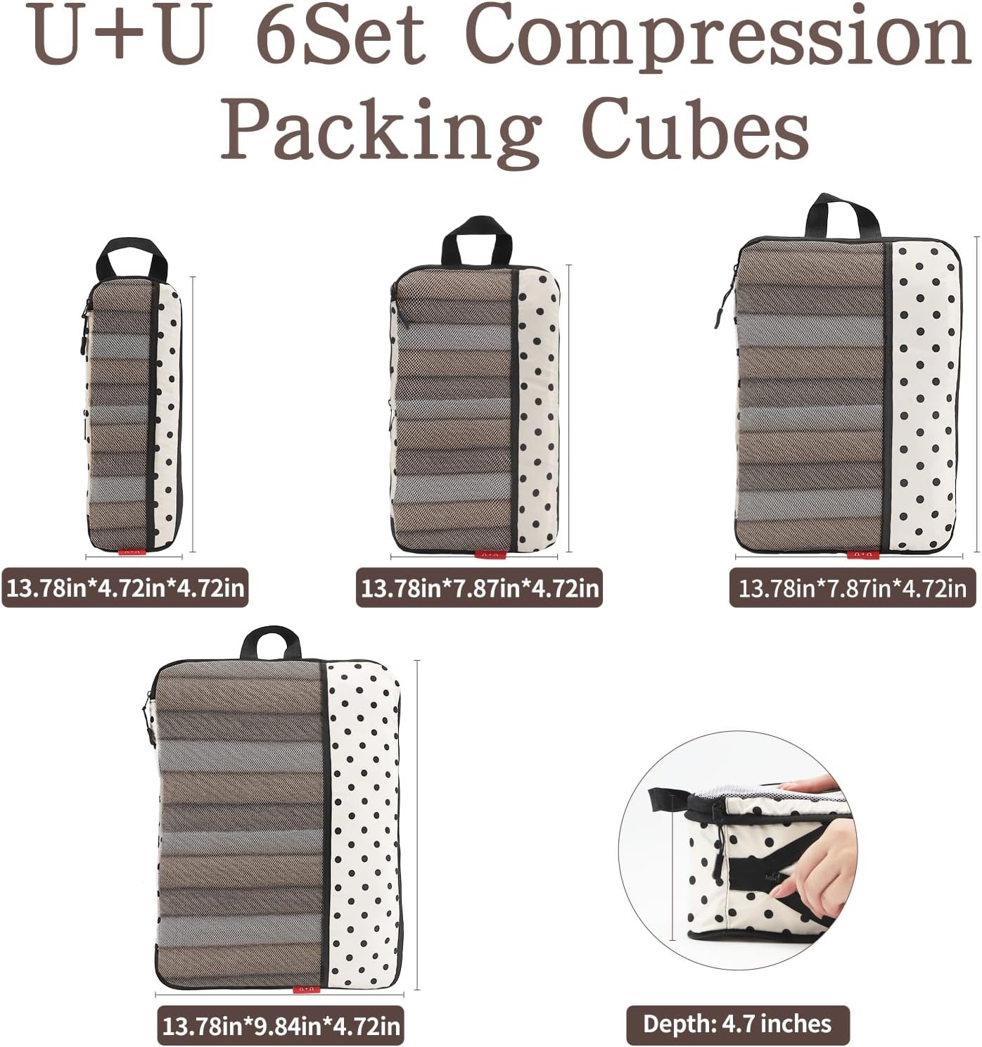 U+U 4 Set Compression Packing Cubes - Ultralight Travel Organizers with Laundry Bag, Space-Saving Suitcase Organizer, Expandable Packing Cubes for Travel, Business Trip and Family Vacation (Polka Dot) - Image 3