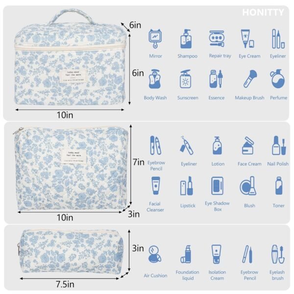 Makeup Bag,Quilted Cosmetic Bag,Large Floral Make Up Bag for Women,Cotton Makeup Bag Set,Flower Travel Toiletry Bag - Image 2