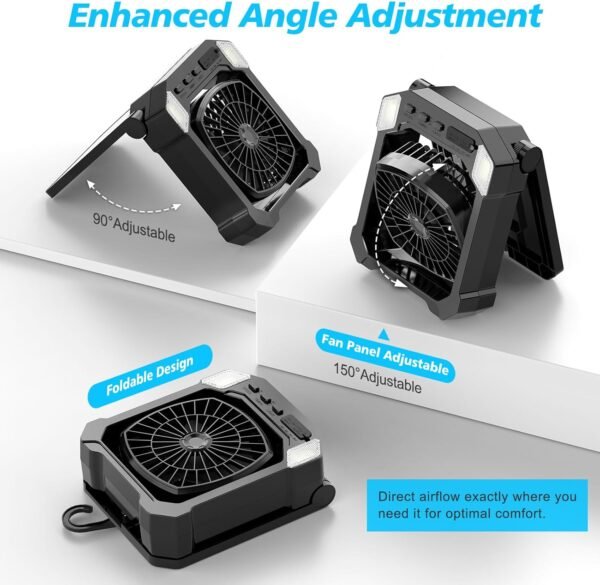 Camping Fan Solar Powered, Portable Solar Fan 10000mAh USB Rechargeable Battery Operated with Light, Quiet Outdoor Fans for Tent, RV, Emergency, Hiking, Power Outage, Desk, Greenhouse, Survival Kit - Image 3