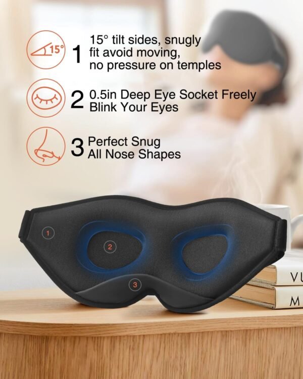 Sleep Mask for Side Sleeper, Eye Mask for Sleeping Women Men, 3D Contoured Cup No Eye Pressure 100% Light Blocking Sleeping Mask with Adjustable Strap Night Blindfold Flight, Travel, Nap, Black - Image 3